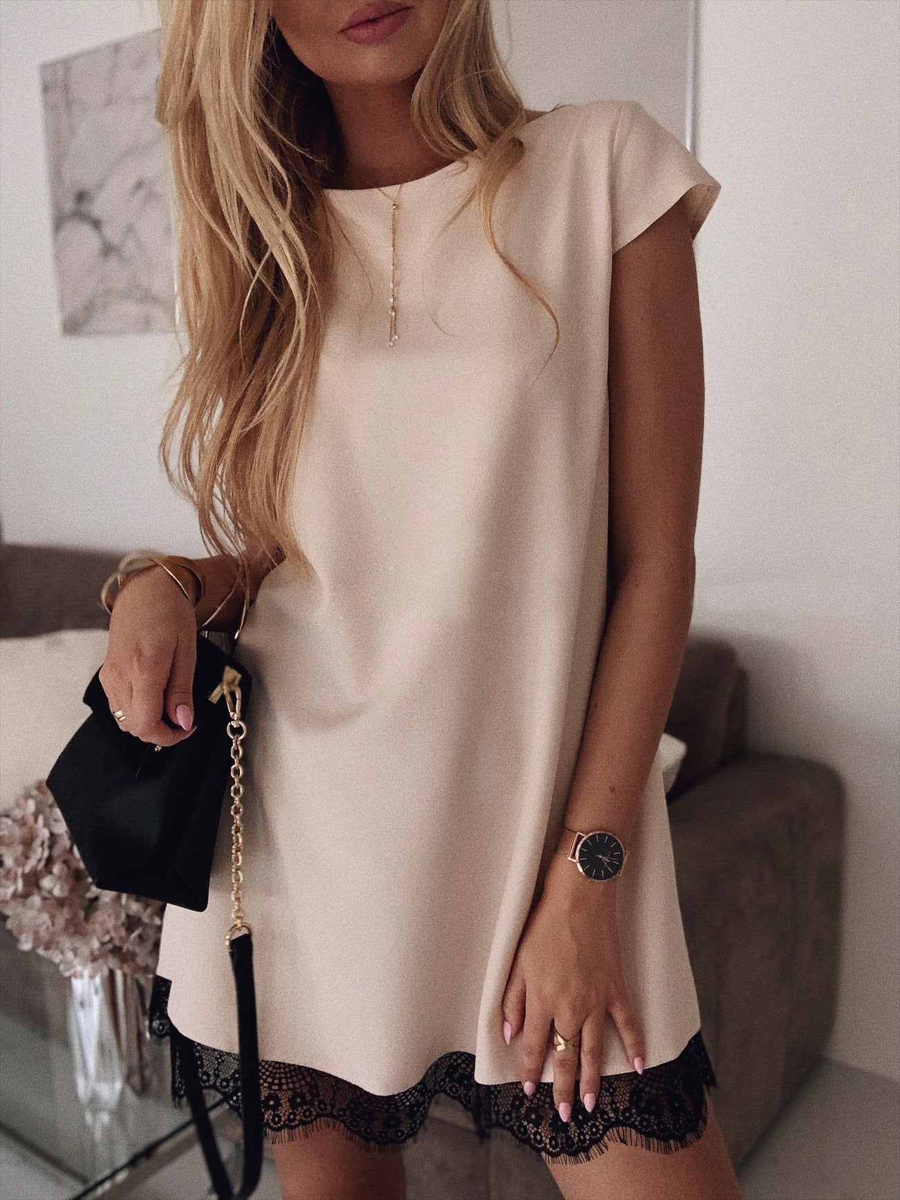 Loose Short Sleeve Round Neck Hem Lace Dress - Mini Dresses - INS | Online Fashion Free Shipping Clothing, Dresses, Tops, Shoes - 07/07/2021 - 10-20 - Category_Mini Dresses