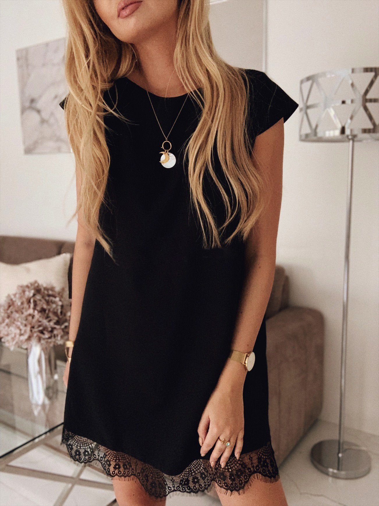 Loose Short Sleeve Round Neck Hem Lace Dress - Mini Dresses - INS | Online Fashion Free Shipping Clothing, Dresses, Tops, Shoes - 07/07/2021 - 10-20 - Category_Mini Dresses