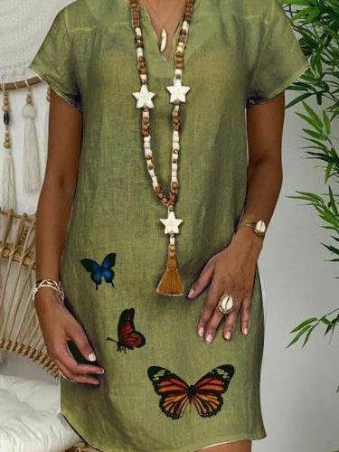 Loose Short Sleeve V-neck Butterfly Print Dress - Mini Dresses - INS | Online Fashion Free Shipping Clothing, Dresses, Tops, Shoes - 02/06/2021 - Category_Mini Dresses - Color_Green