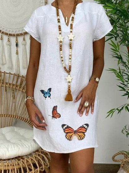 Loose Short Sleeve V-neck Butterfly Print Dress - Mini Dresses - INS | Online Fashion Free Shipping Clothing, Dresses, Tops, Shoes - 02/06/2021 - Category_Mini Dresses - Color_Green