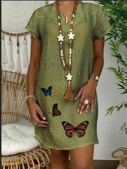 Loose Short Sleeve V-neck Butterfly Print Dress - Mini Dresses - INS | Online Fashion Free Shipping Clothing, Dresses, Tops, Shoes - 02/06/2021 - Category_Mini Dresses - Color_Green