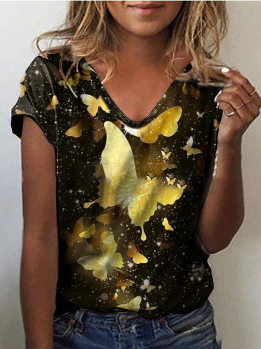 Loose Short Sleeve V-Neck Butterfly Print T-Shirt - T-Shirts - INS | Online Fashion Free Shipping Clothing, Dresses, Tops, Shoes - 03/07/2021 - 10-20 - Category_T-Shirts