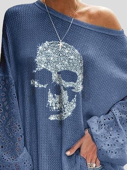 Loose Skull Printed Lace Stitching T-shirt - MsDressly