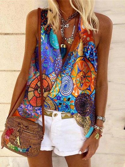 Loose Sleeveless V-neck Bohemian Shirt - Tank Tops - INS | Online Fashion Free Shipping Clothing, Dresses, Tops, Shoes - 11/06/2021 - Color_Blue - Season_Summer