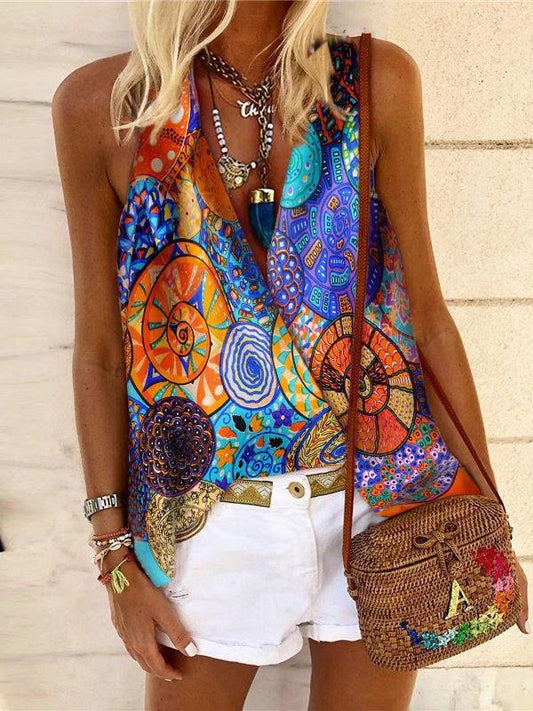 Loose Sleeveless V-neck Bohemian Shirt - Tank Tops - INS | Online Fashion Free Shipping Clothing, Dresses, Tops, Shoes - 11/06/2021 - Color_Blue - Season_Summer