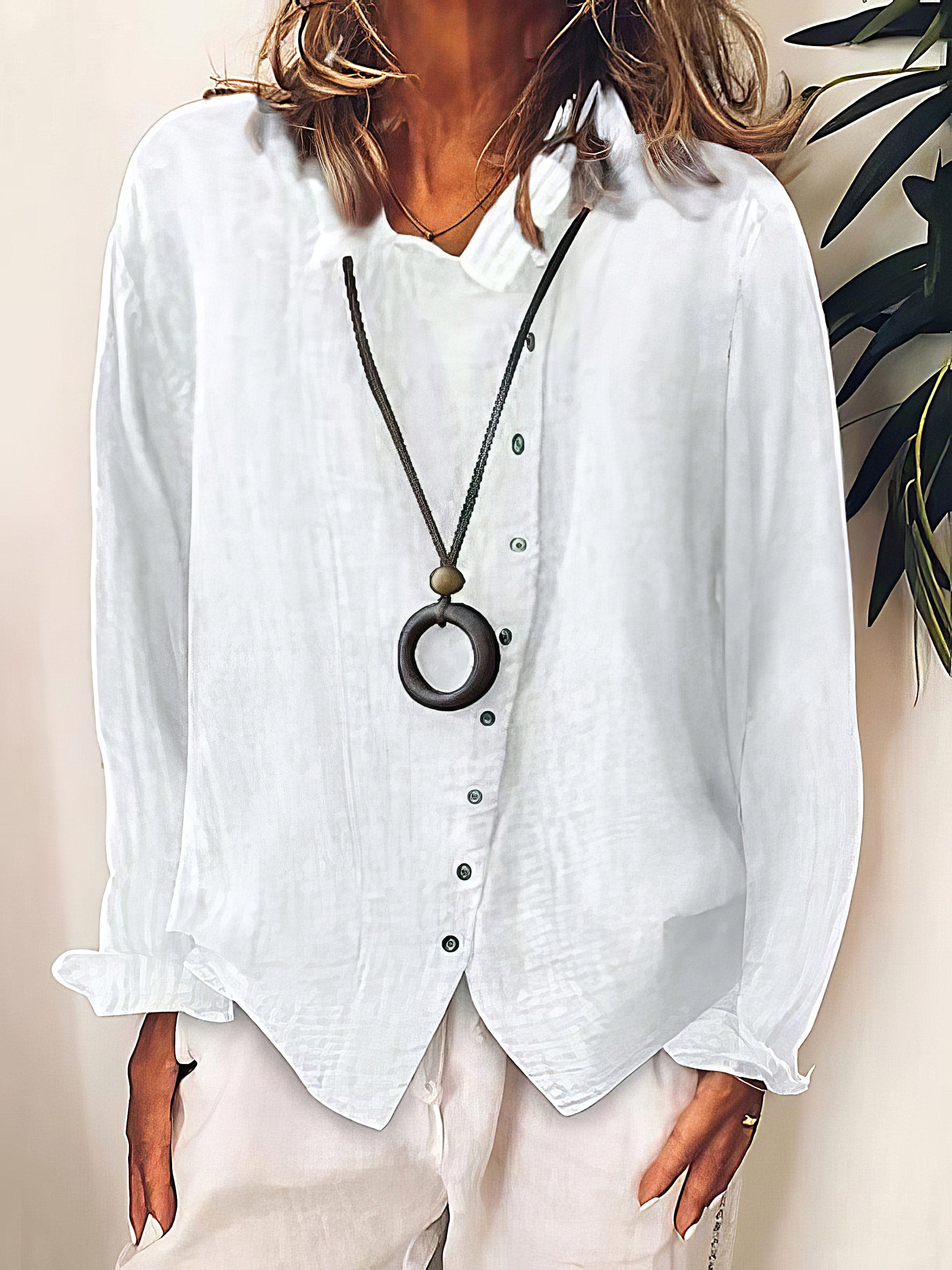 Blouses - Loose Solid Buttons Long Sleeves Blouses - MsDressly