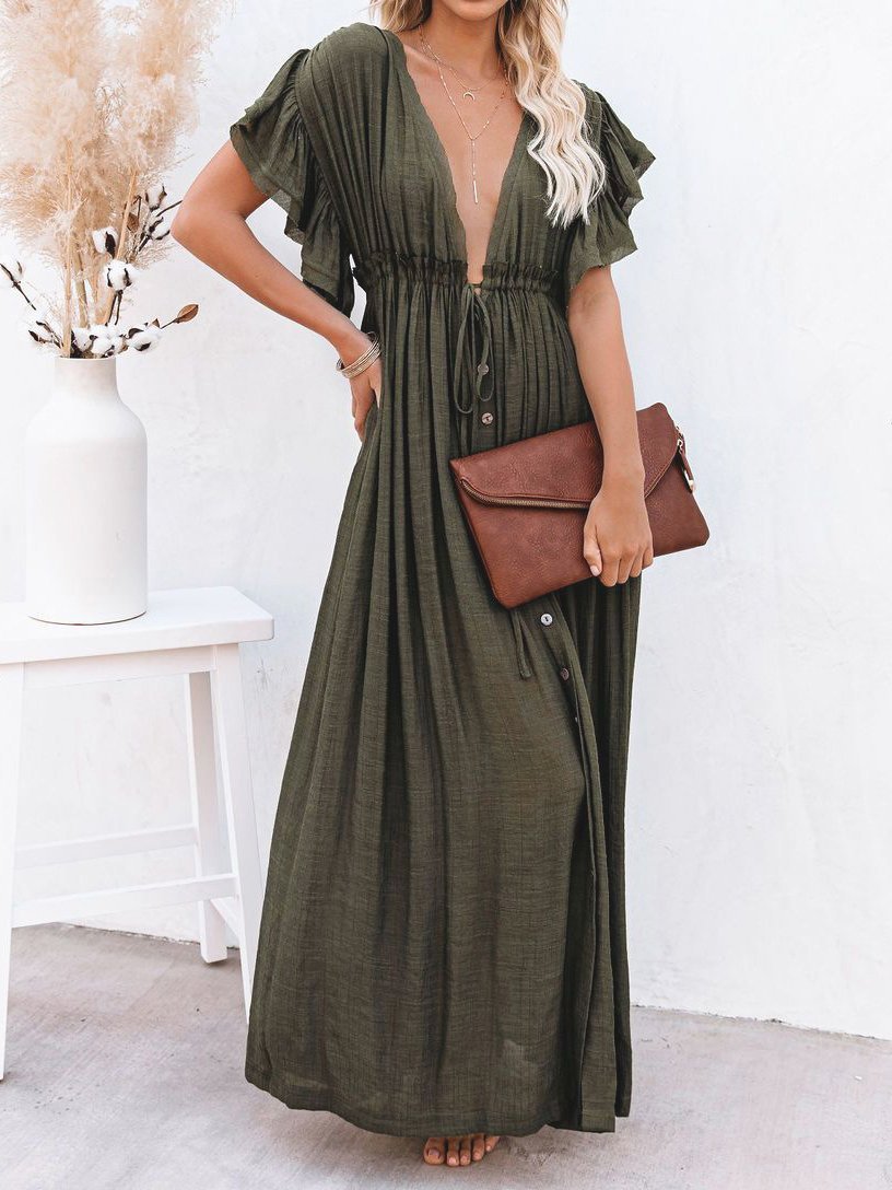Loose Solid Color Flared Sleeve Shirt Dress - Maxi Dresses - INS | Online Fashion Free Shipping Clothing, Dresses, Tops, Shoes - 01/06/2021 - Color_Black - Color_Green