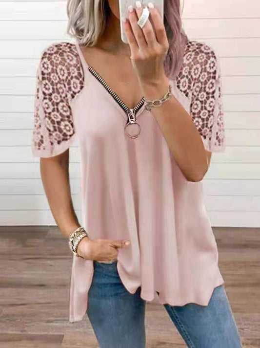 Loose Solid Color Lace Stitching T-shirt - T-shirts - INS | Online Fashion Free Shipping Clothing, Dresses, Tops, Shoes - 03/06/2021 - Color_Blue - Color_Green