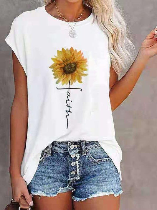 Loose Sunflower Print Round Neck Short Sleeve T-Shirt - T-Shirts - INS | Online Fashion Free Shipping Clothing, Dresses, Tops, Shoes - 02/07/2021 - 10-20 - Category_T-Shirts