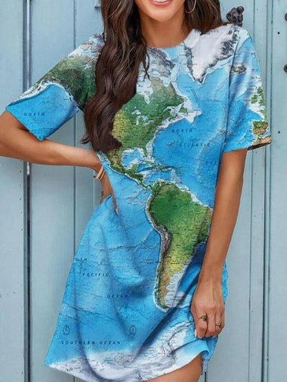 Loose Tie-dye Map Print Short-sleeved Dress - MsDressly