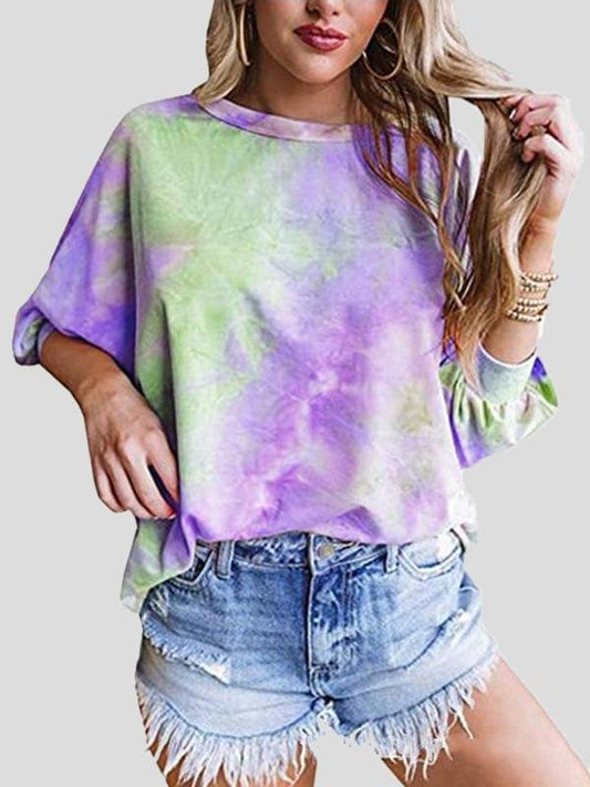 Loose Tie-Dye Round Neck 3/4 Sleeve T-Shirt - T-Shirts - INS | Online Fashion Free Shipping Clothing, Dresses, Tops, Shoes - 10-20 - 17/07/2021 - Category_T-Shirts