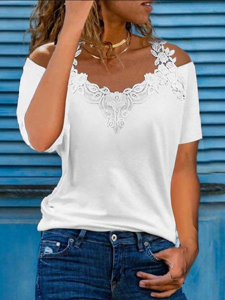 Loose V-Neck Lace Strapless Short Sleeve T-Shirts - T-Shirts - INS | Online Fashion Free Shipping Clothing, Dresses, Tops, Shoes - 10-20 - 17/07/2021 - Category_T-Shirts
