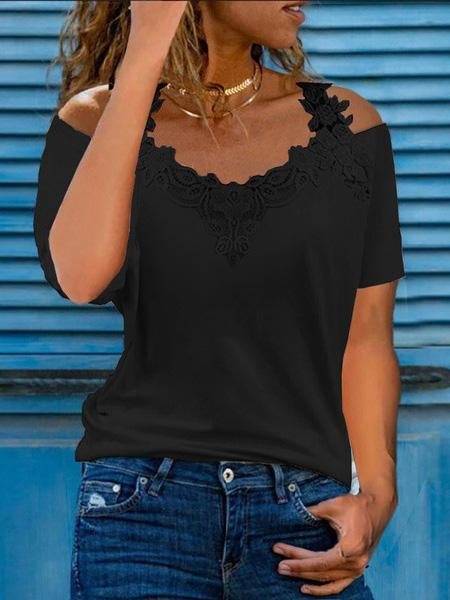 Loose V-Neck Lace Strapless Short Sleeve T-Shirts - T-Shirts - INS | Online Fashion Free Shipping Clothing, Dresses, Tops, Shoes - 10-20 - 17/07/2021 - Category_T-Shirts