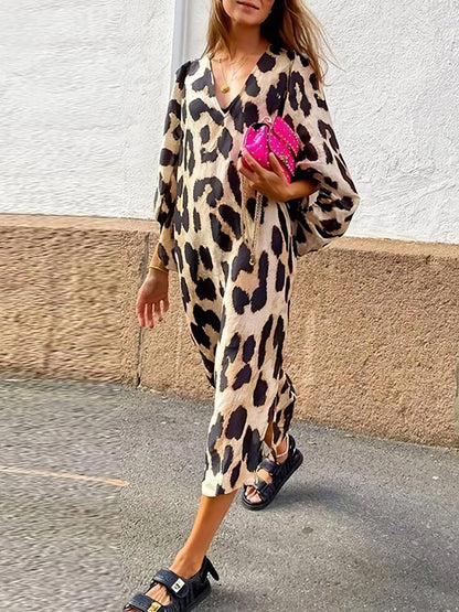 Maxi Dresses Loose V-Neck Lantern Sleeve Leopard Print Dress MsDressly