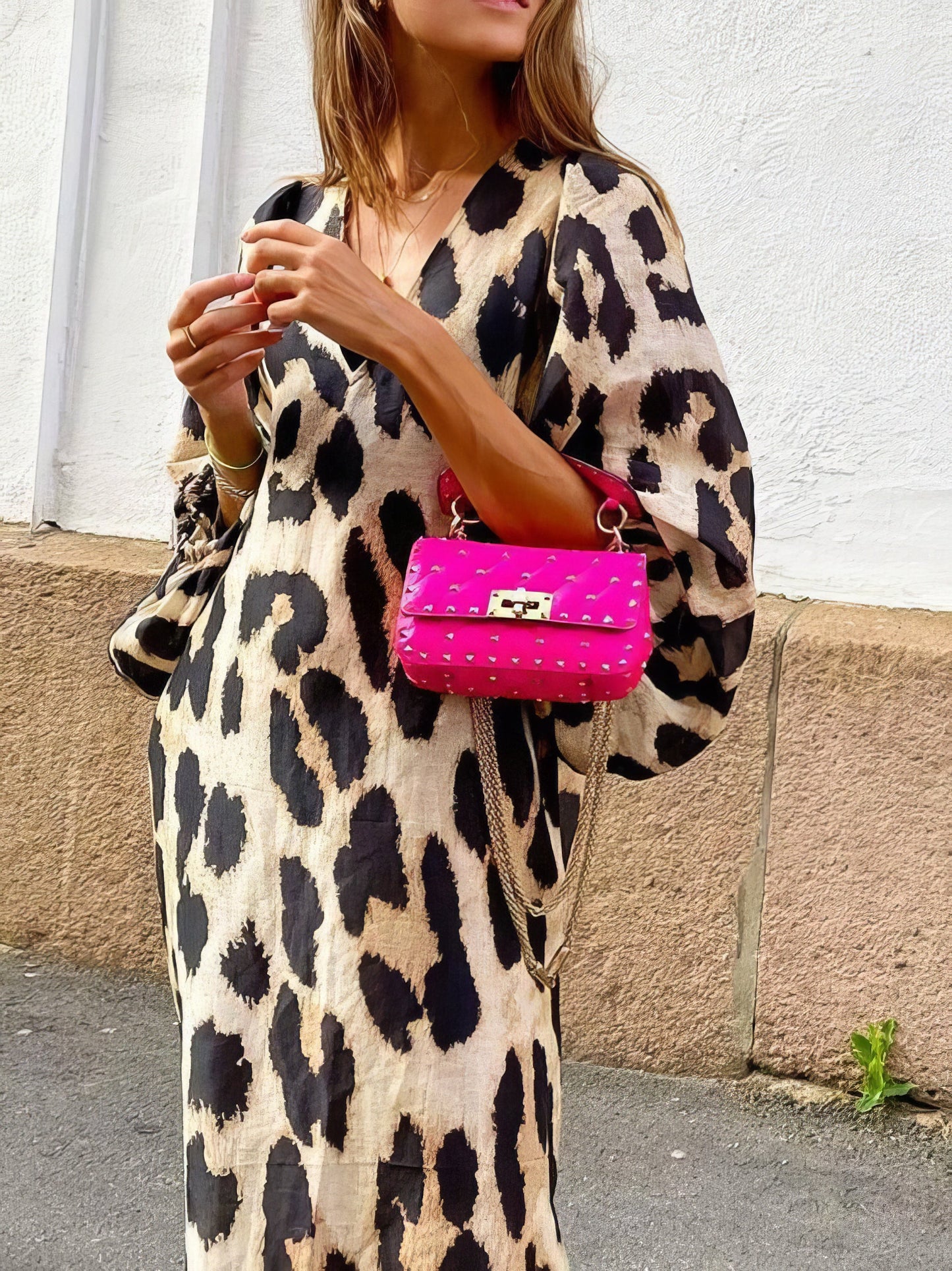 Maxi Dresses Loose V-Neck Lantern Sleeve Leopard Print Dress MsDressly