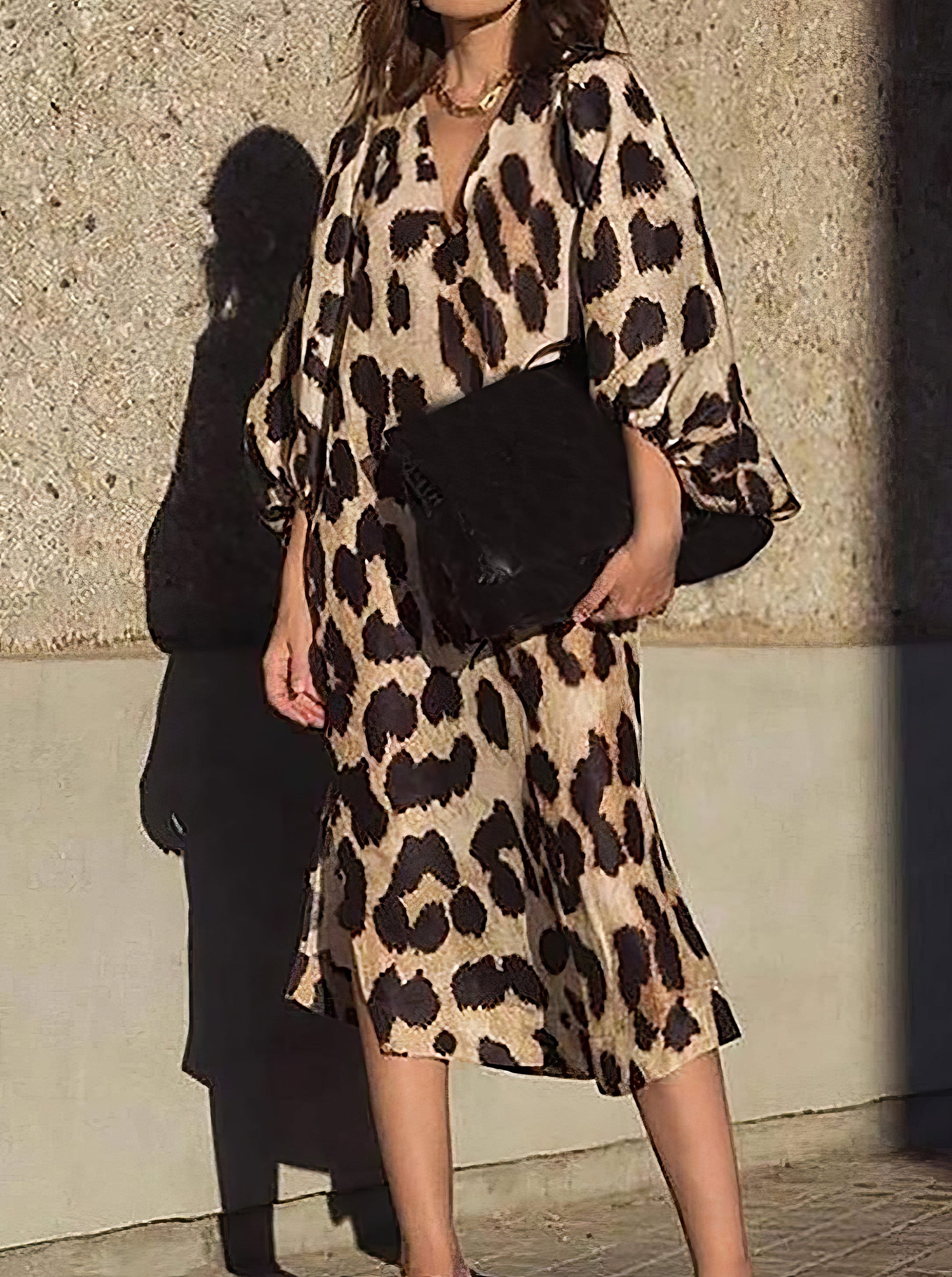 Maxi Dresses Loose V-Neck Lantern Sleeve Leopard Print Dress MsDressly