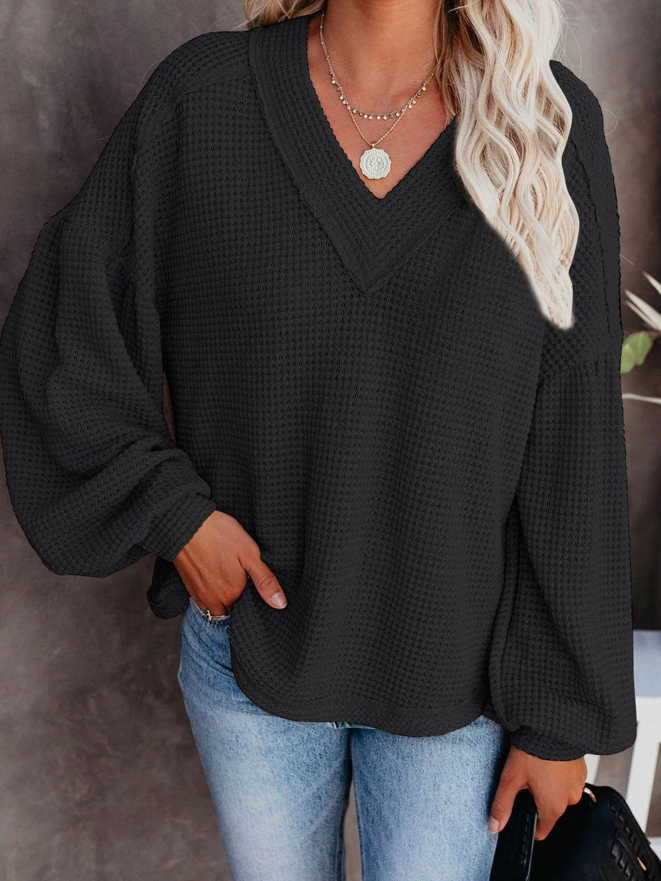 Loose V-neck Lantern Sleeve Top - Blouses - INS | Online Fashion Free Shipping Clothing, Dresses, Tops, Shoes - 20-30 - 20/07/2021 - BLO2107201212