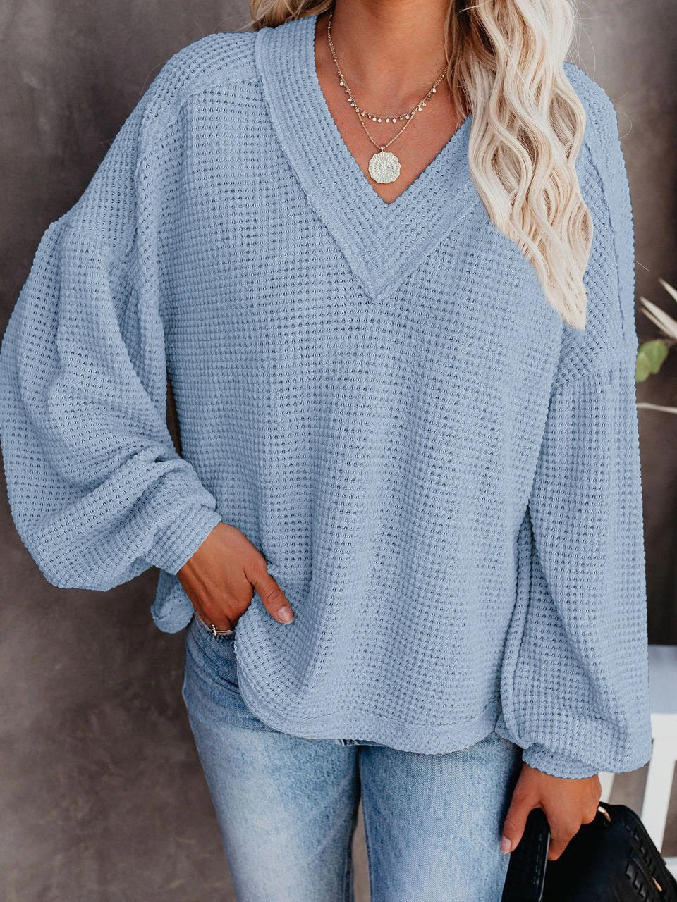 Loose V-neck Lantern Sleeve Top - Blouses - INS | Online Fashion Free Shipping Clothing, Dresses, Tops, Shoes - 20-30 - 20/07/2021 - BLO2107201212