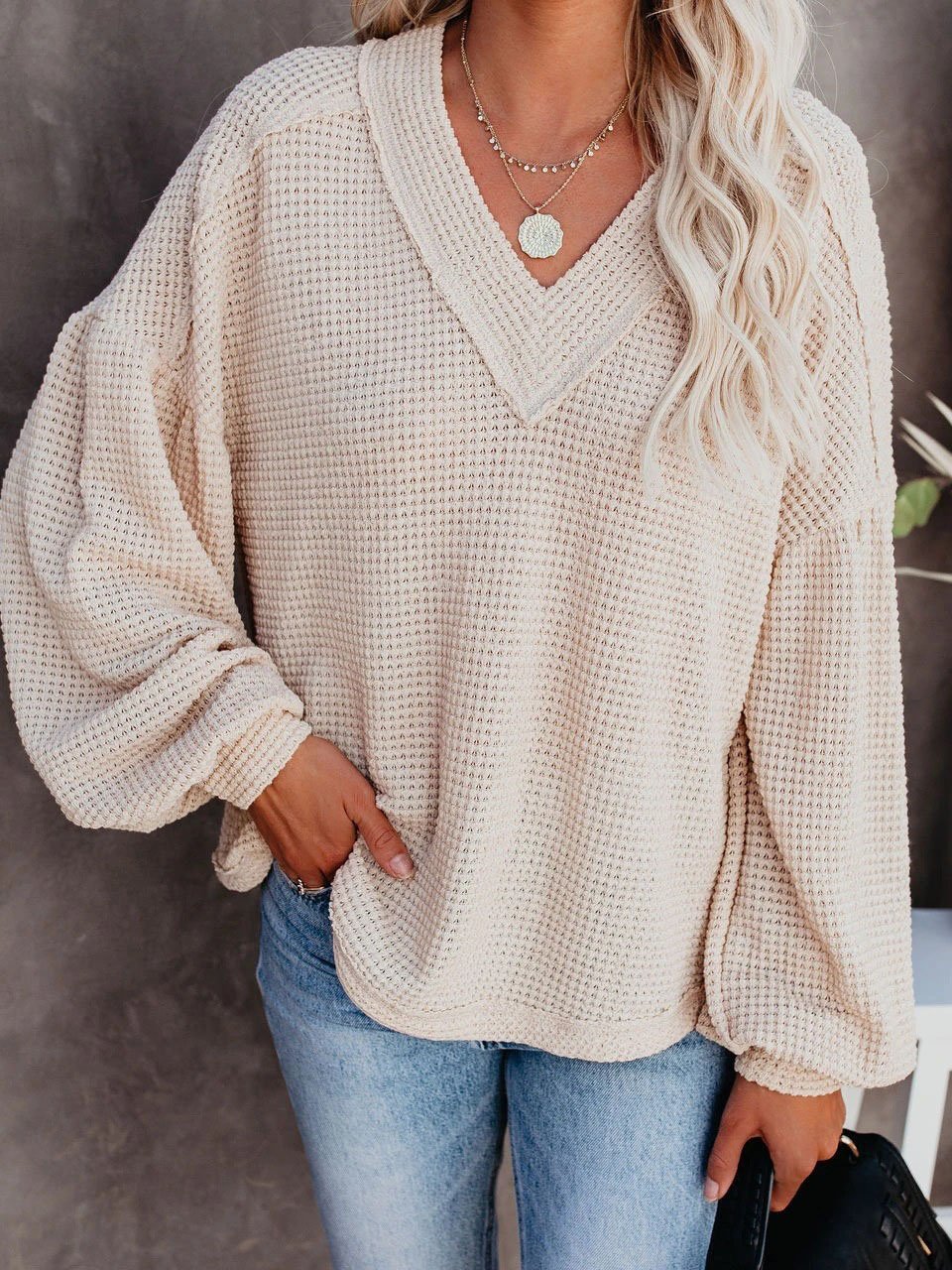 Loose V-neck Lantern Sleeve Top - Blouses - INS | Online Fashion Free Shipping Clothing, Dresses, Tops, Shoes - 20-30 - 20/07/2021 - BLO2107201212