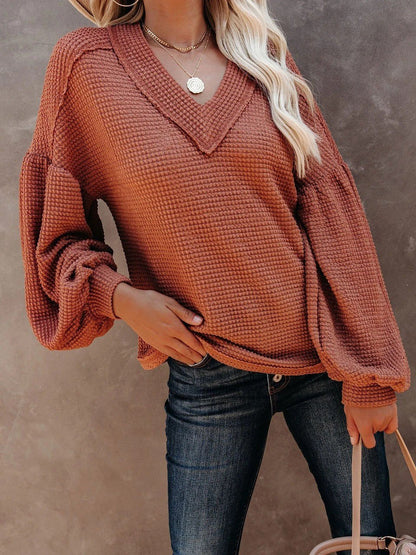 Loose V-neck Lantern Sleeve Top - Blouses - INS | Online Fashion Free Shipping Clothing, Dresses, Tops, Shoes - 20-30 - 20/07/2021 - BLO2107201212