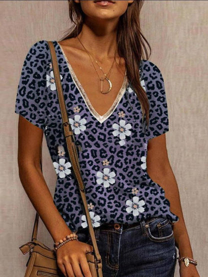 Loose V-neck Leopard PrintT-shirt - T-shirts - INS | Online Fashion Free Shipping Clothing, Dresses, Tops, Shoes - 05/06/2021 - Color_Blue - Color_Gray