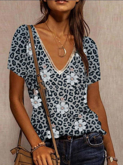 Loose V-neck Leopard PrintT-shirt - T-shirts - INS | Online Fashion Free Shipping Clothing, Dresses, Tops, Shoes - 05/06/2021 - Color_Blue - Color_Gray