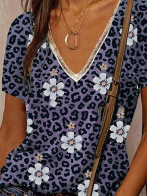 Loose V-neck Leopard PrintT-shirt - T-shirts - INS | Online Fashion Free Shipping Clothing, Dresses, Tops, Shoes - 05/06/2021 - Color_Blue - Color_Gray