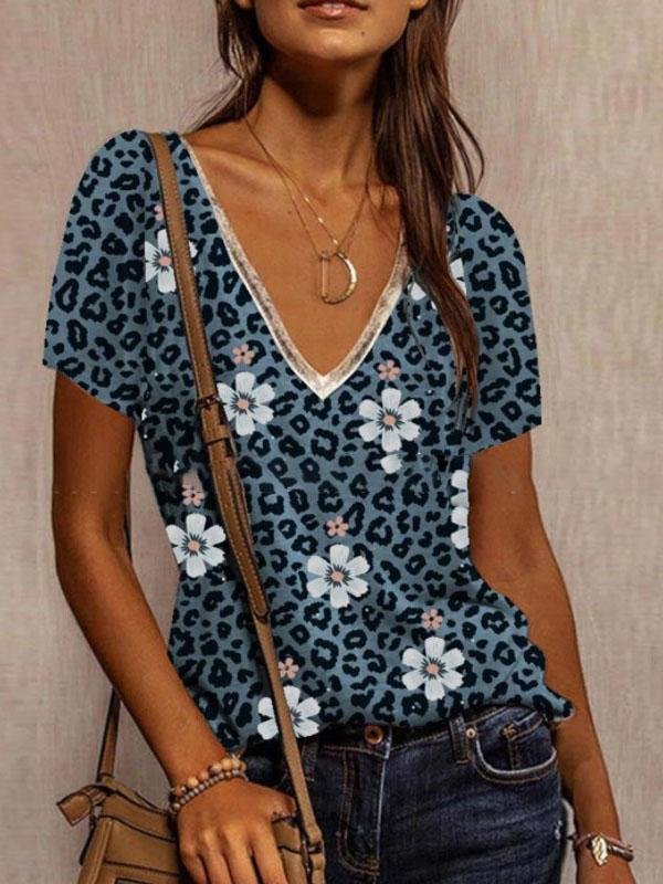 Loose V-neck Leopard PrintT-shirt - T-shirts - INS | Online Fashion Free Shipping Clothing, Dresses, Tops, Shoes - 05/06/2021 - Color_Blue - Color_Gray