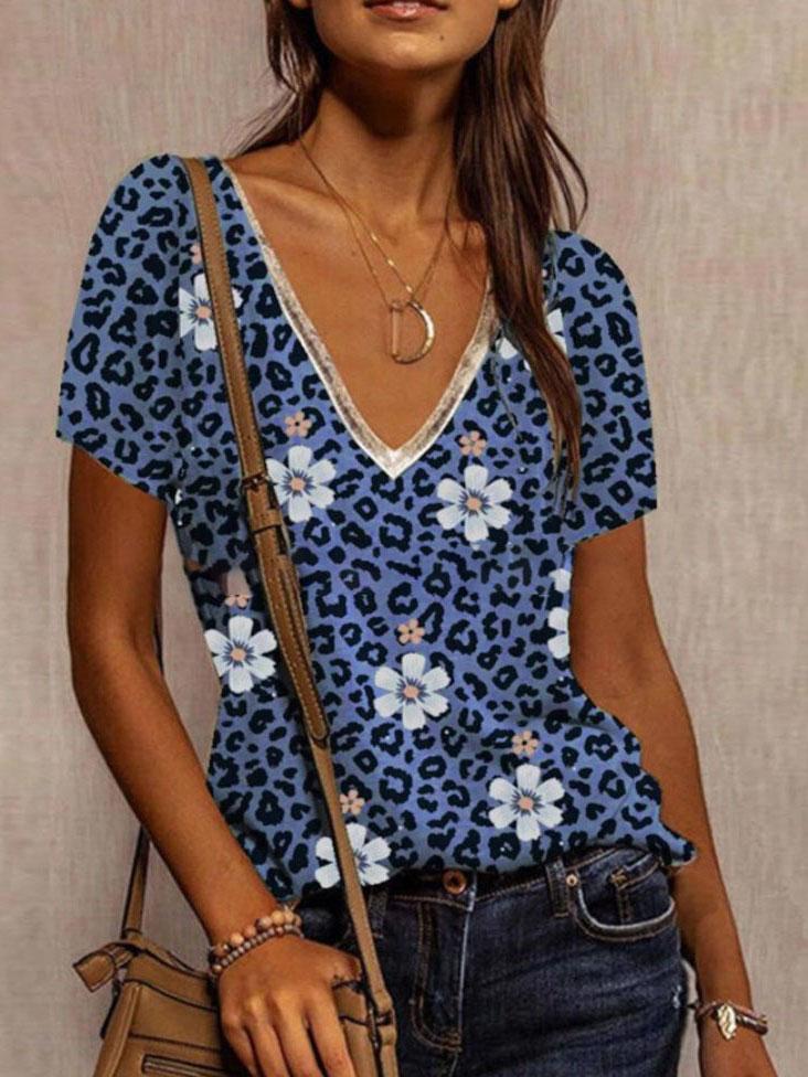 Loose V-neck Leopard PrintT-shirt - T-shirts - INS | Online Fashion Free Shipping Clothing, Dresses, Tops, Shoes - 05/06/2021 - Color_Blue - Color_Gray