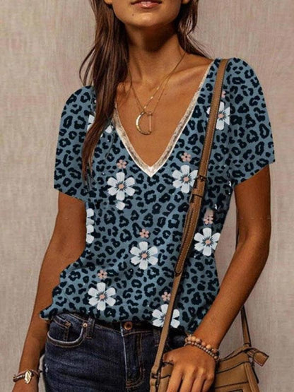 Loose V-neck Leopard PrintT-shirt - T-shirts - INS | Online Fashion Free Shipping Clothing, Dresses, Tops, Shoes - 05/06/2021 - Color_Blue - Color_Gray