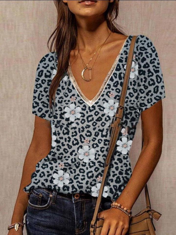 Loose V-neck Leopard PrintT-shirt - T-shirts - INS | Online Fashion Free Shipping Clothing, Dresses, Tops, Shoes - 05/06/2021 - Color_Blue - Color_Gray