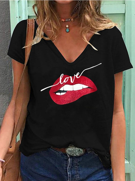 Loose V-Neck Lip Print Short Sleeve T-Shirt - T-Shirts - INS | Online Fashion Free Shipping Clothing, Dresses, Tops, Shoes - 02/07/2021 - 10-20 - Category_T-Shirts