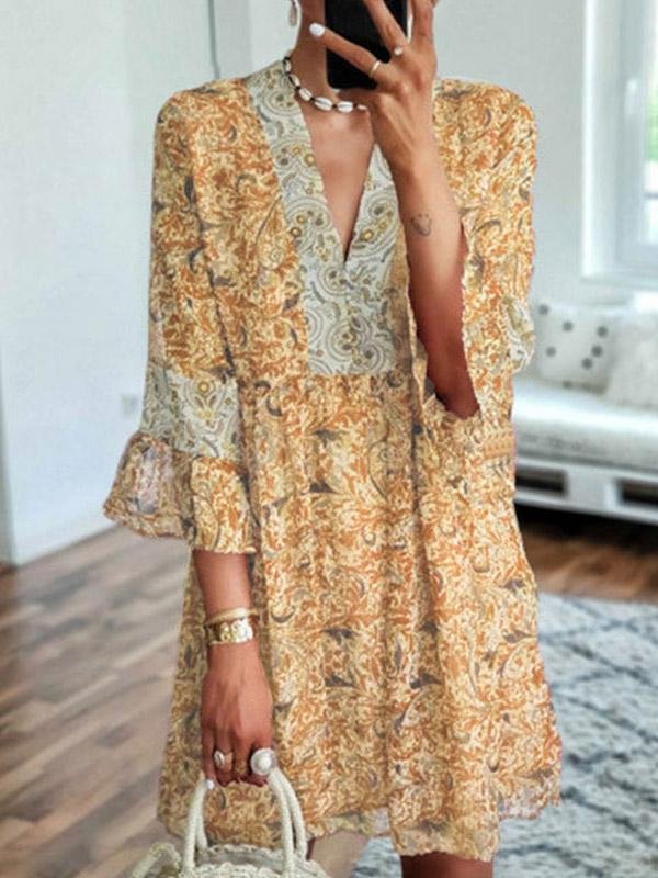 Loose V-Neck Printed Cropped Flare Sleeve Dress - Mini Dresses - INS | Online Fashion Free Shipping Clothing, Dresses, Tops, Shoes - 20-30 - 23/07/2021 - Category_Mini Dresses