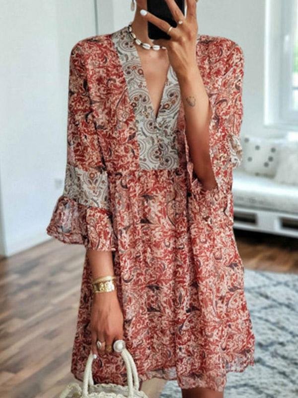 Loose V-Neck Printed Cropped Flare Sleeve Dress - Mini Dresses - INS | Online Fashion Free Shipping Clothing, Dresses, Tops, Shoes - 20-30 - 23/07/2021 - Category_Mini Dresses