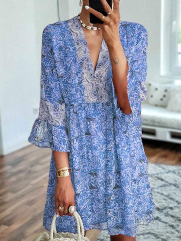 Loose V-Neck Printed Cropped Flare Sleeve Dress - Mini Dresses - INS | Online Fashion Free Shipping Clothing, Dresses, Tops, Shoes - 20-30 - 23/07/2021 - Category_Mini Dresses