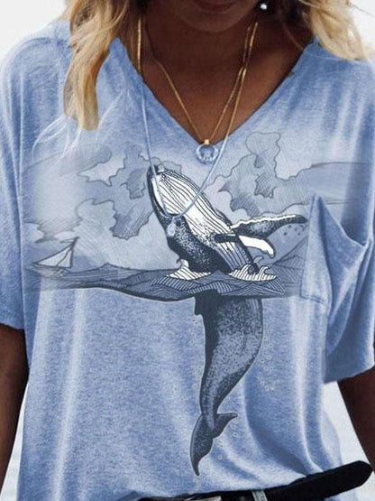 Loose V-neck Printed Short-sleeved T-shirt - T-shirts - INS | Online Fashion Free Shipping Clothing, Dresses, Tops, Shoes - 05/06/2021 - Color_Blue - Color_Gray