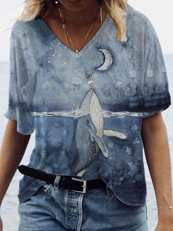 Loose V-neck Printed Short-sleeved T-shirt - T-shirts - INS | Online Fashion Free Shipping Clothing, Dresses, Tops, Shoes - 05/06/2021 - Color_Blue - Color_Gray