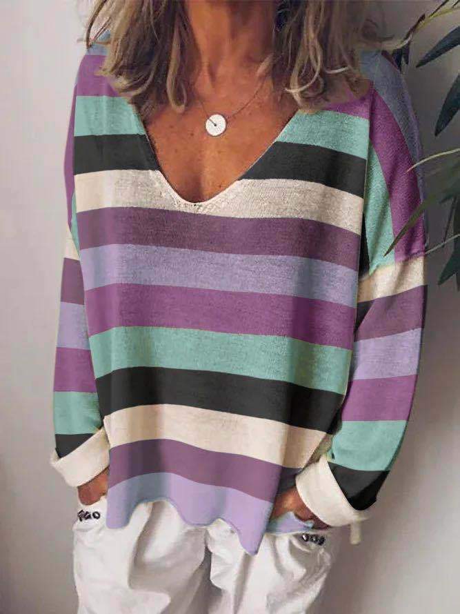 Loose V-Neck Rainbow Striped Long Sleeve T-Shirt - T-Shirts - INS | Online Fashion Free Shipping Clothing, Dresses, Tops, Shoes - 10-20 - 15/07/2021 - Category_T-Shirts