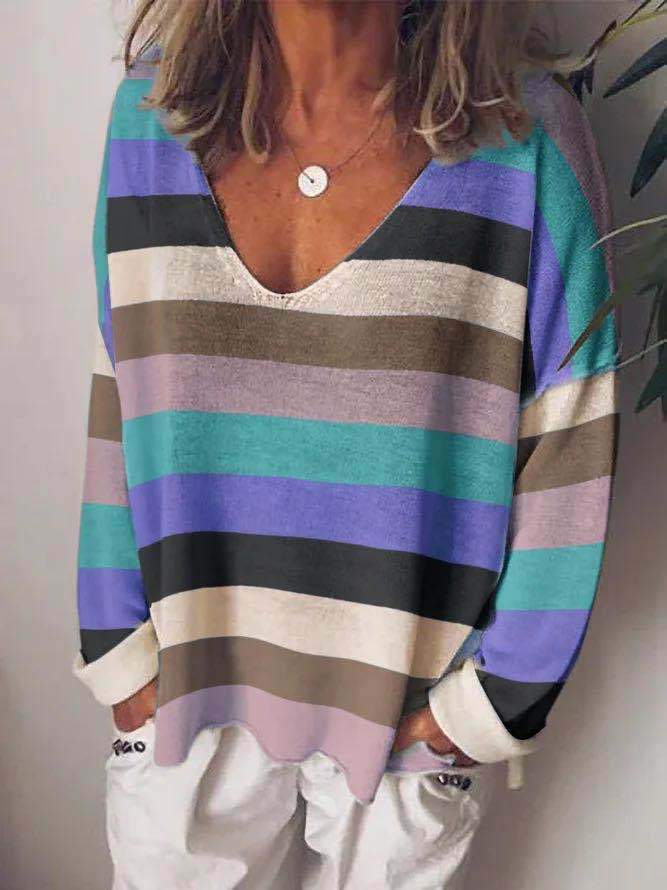 Loose V-Neck Rainbow Striped Long Sleeve T-Shirt - T-Shirts - INS | Online Fashion Free Shipping Clothing, Dresses, Tops, Shoes - 10-20 - 15/07/2021 - Category_T-Shirts