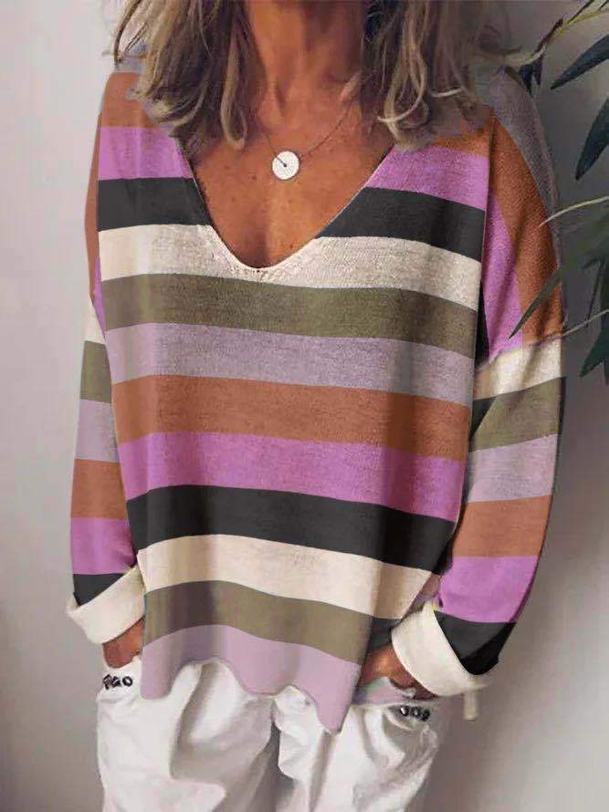 Loose V-Neck Rainbow Striped Long Sleeve T-Shirt - T-Shirts - INS | Online Fashion Free Shipping Clothing, Dresses, Tops, Shoes - 10-20 - 15/07/2021 - Category_T-Shirts