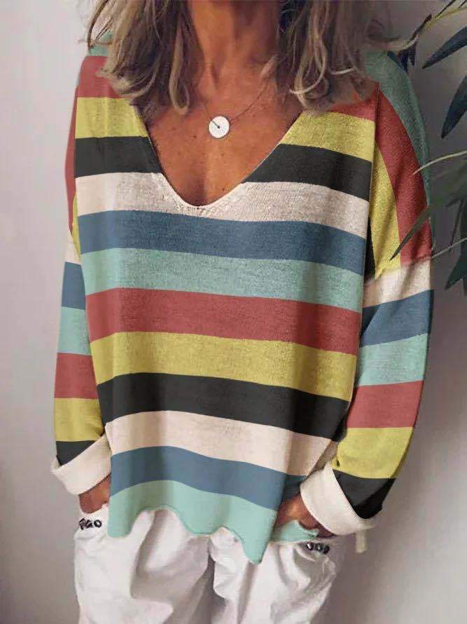 Loose V-Neck Rainbow Striped Long Sleeve T-Shirt - T-Shirts - INS | Online Fashion Free Shipping Clothing, Dresses, Tops, Shoes - 10-20 - 15/07/2021 - Category_T-Shirts