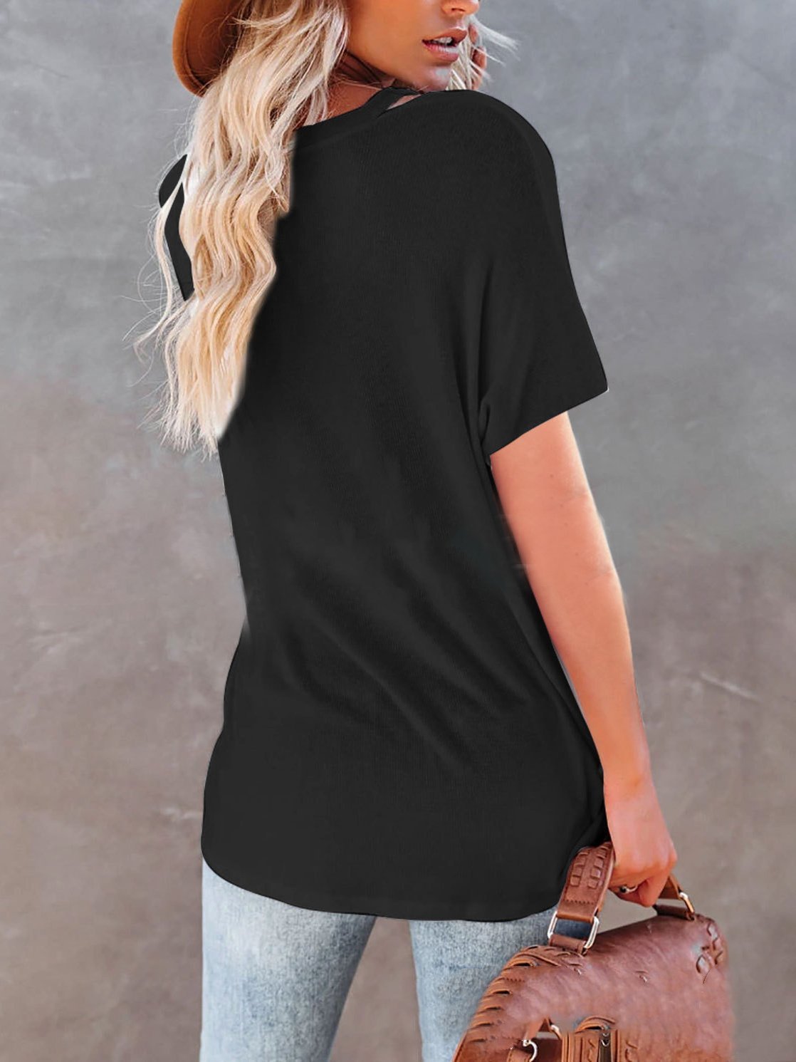 Loose V-neck Solid Short-sleeved T-shirt - 20.99 - INS | Online Fashion Free Shipping Clothing, Dresses, Tops, Shoes - 07/07/2021 - 20-30 - color-black