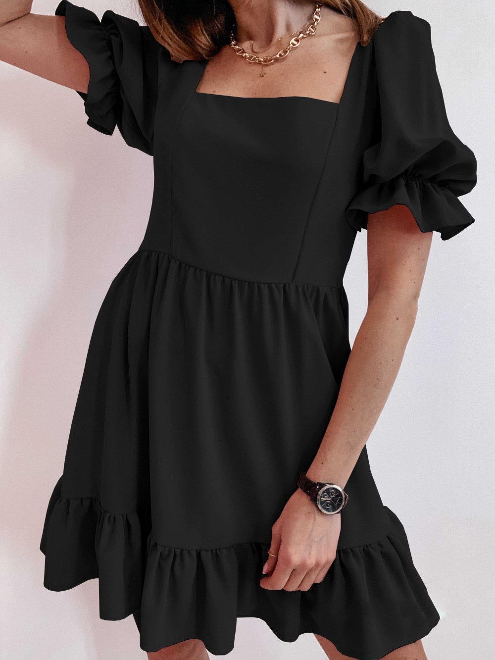 Lotus Leaf Short Sleeve Stitching Loose Solid Dress - Mini Dresses - INS | Online Fashion Free Shipping Clothing, Dresses, Tops, Shoes - 20-30 - 30/06/2021 - Category_Mini Dresses