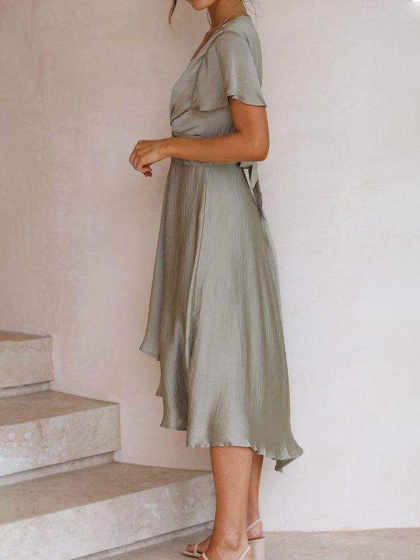 Lotus Leaf Short-sleeved Deep V-neck Irregular Skirt - Midi Dresses - INS | Online Fashion Free Shipping Clothing, Dresses, Tops, Shoes - 19/07/2021 - 20-30 - color-green