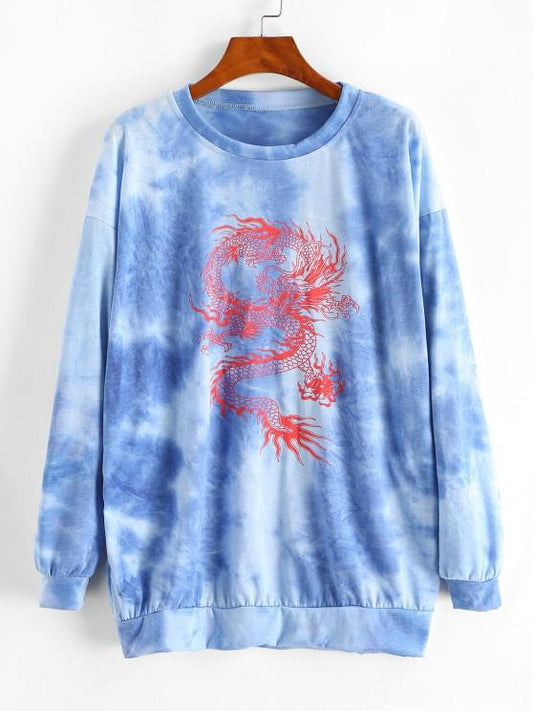 Lou-Ann Vecchia X ZAFUL Tie Dye Oriental Dragon Print Sweatshirt Dress - INS | Online Fashion Free Shipping Clothing, Dresses, Tops, Shoes