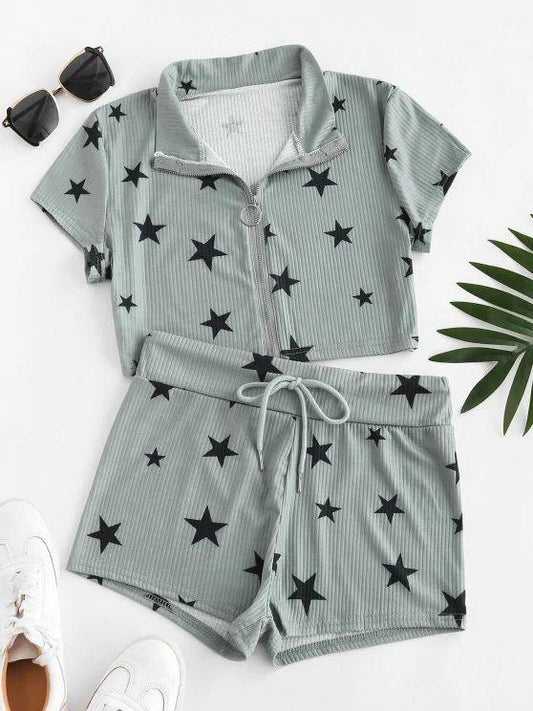 Lounge Ribbed Star Front Zip Shorts Set - INS | Online Fashion Free Shipping Clothing, Dresses, Tops, Shoes