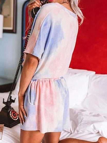 Loungewear V-Neck Short Sleeve Tie-Dye Printing Two-Piece Suit - Loungewear - INS | Online Fashion Free Shipping Clothing, Dresses, Tops, Shoes - 14/07/2021 - 20-30 - Category_Loungewear