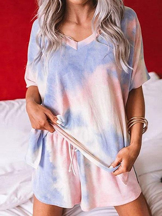 Loungewear V-Neck Short Sleeve Tie-Dye Printing Two-Piece Suit - Loungewear - INS | Online Fashion Free Shipping Clothing, Dresses, Tops, Shoes - 14/07/2021 - 20-30 - Category_Loungewear