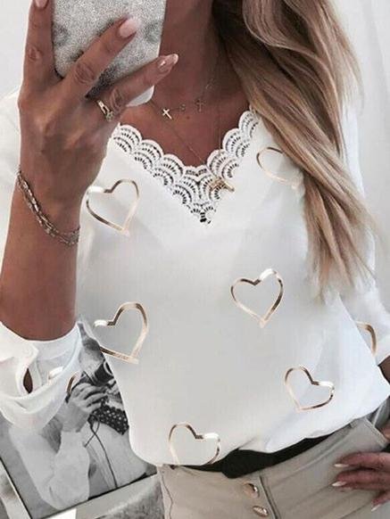 Love Printed Five-Point Sleeve V-Neck Lace Casual T-Shirt - T-Shirts - INS | Online Fashion Free Shipping Clothing, Dresses, Tops, Shoes - 10-20 - 25/06/2021 - Category_T-Shirts