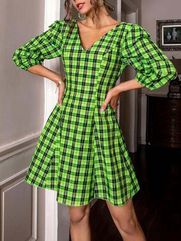 Low Back Lantern Sleeve Tartan Print Skater Dress - Dresses - INS | Online Fashion Free Shipping Clothing, Dresses, Tops, Shoes - 02/03/2021 - Color_Green - Daily